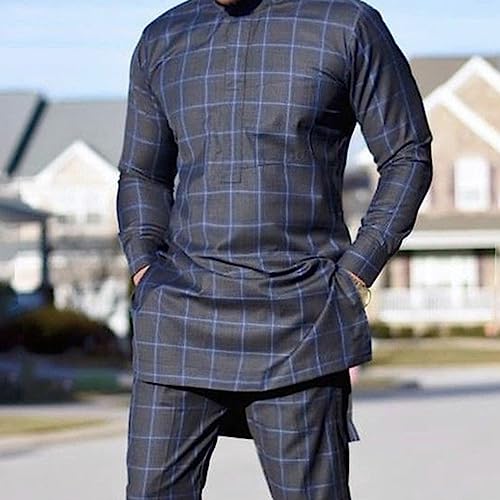 Long Sleeve Dashiki Suit for Men African Traditional Shirt and Pants with Pockets 2 Piece Outfit Set (Color : Blue, Size : 4X-Large)4