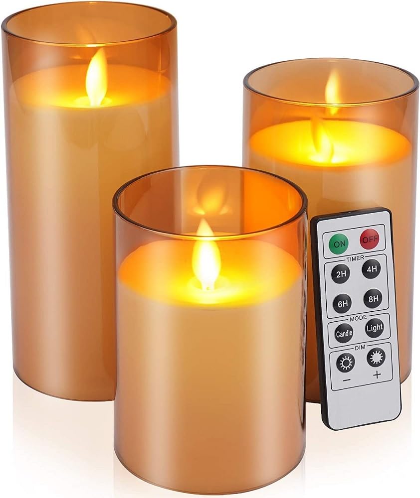 LTETTES Flameless LED Candles AA Battery Powered with Golden Acrylic Fiber Glass with Remote Controller and Timer for Home Festival Wedding Decor (Set of 3-3" D x 4",5",6" H)