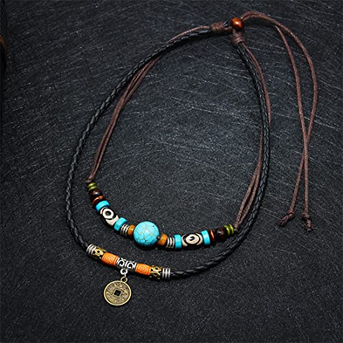 Image of Vintage Style Double Layers Braided Leather Tribal Necklace with Charm Cross and Teeth Pendant