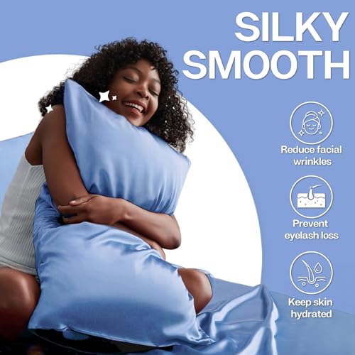 Image of MR&HM Satin Pillowcase for Hair and Skin, Silk Satin Pillowcase 2 Pack, King Size Pillow Cases Set of 2, Silky Pillow Cover with Envelope Closure (20x36, Sky Blue)