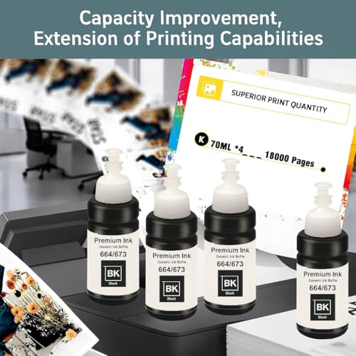 Image of KOSH T673 Refill Ink Compatible for Use in Epson L801, L805, L1800, L800, L810, L850, L1300, L605 Ink Tank Printers - 70 ML Each Bottle (4, Black Pack of 4)