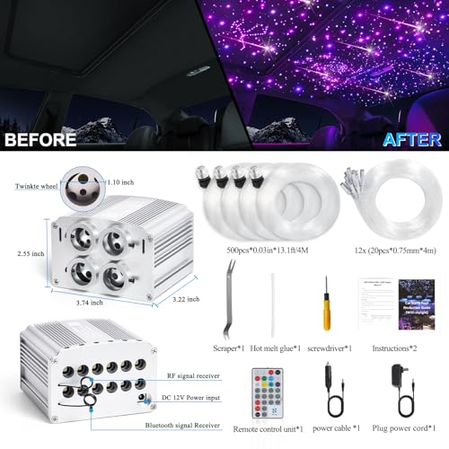 Image of Car Starlight Headliner Kit, 4 Colors 32W Twinkle & Meteor Fiber Optic Ceiling Lights, 2 in 1 Light Engine 500pcs*0.03in*13.1ft+240 RGBW Shooting Stars Lights for Car Home Roof Decor