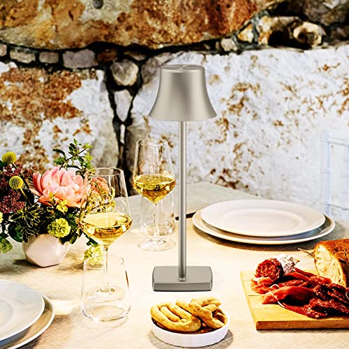 2 Pack LED Cordless Table Lamps Rechargeable,5000mAh Battery Operated Table Light,3 Color Stepless Dimming,Portable Small Desk Lamp in Aluminum for Party Patio Restaurant Indoor/Outdoor(Silver)