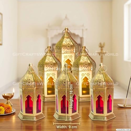 Image of Moroccan Lanterns & Candle Holders for Home Decor - Unique Diwali & Christmas Gifts (Red - Yellow, Set of 6)