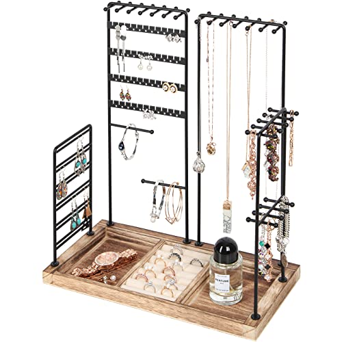 J JACKCUBE DESIGN Jewelry Organizer Stand Tree, 4 Tier Metal Accessory Earring, Necklaces, Bracelets, Ear Stud Holder Tower Rack with Wooden Display Tray Base for Rings- MK915A