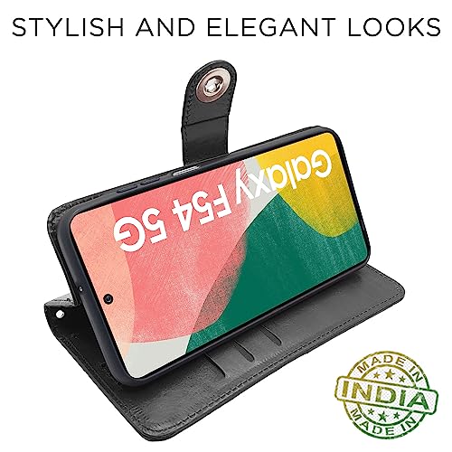 Image of Pikkme Samsung Galaxy F54 / M54 5G Flip Cover Leather Finish | Inside TPU with Card Pockets | Wallet Stand and Shock Proof | Complete Protection Button Flip Case (Black)