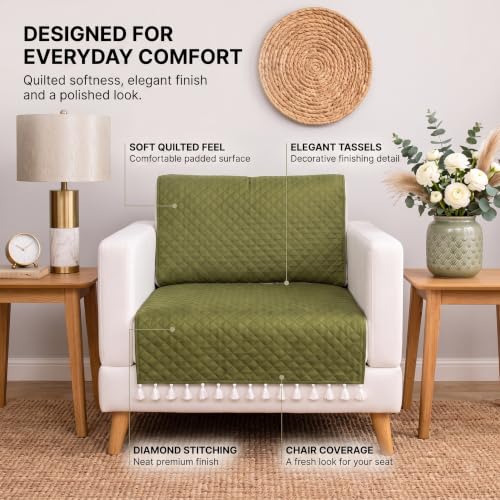 Image of BSB HOME 300 TC Premium Sofa Cover, Quilted Sofa Seat Cover with Decorative Tassels, Soft Comfortable Couch Protector, Stylish Furniture Cover for Living Room, 30 x 24 Inches (76 x 61cm) - Moss Green