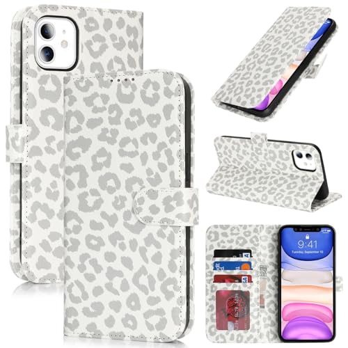 Image of for iPhone 11 Case Wallet with Card Holder,for iPhone 11 Wallet Case for Women Men,PU Leather Shockproof Magnetic Buckle Stand Flip Phone Case-White Leopard