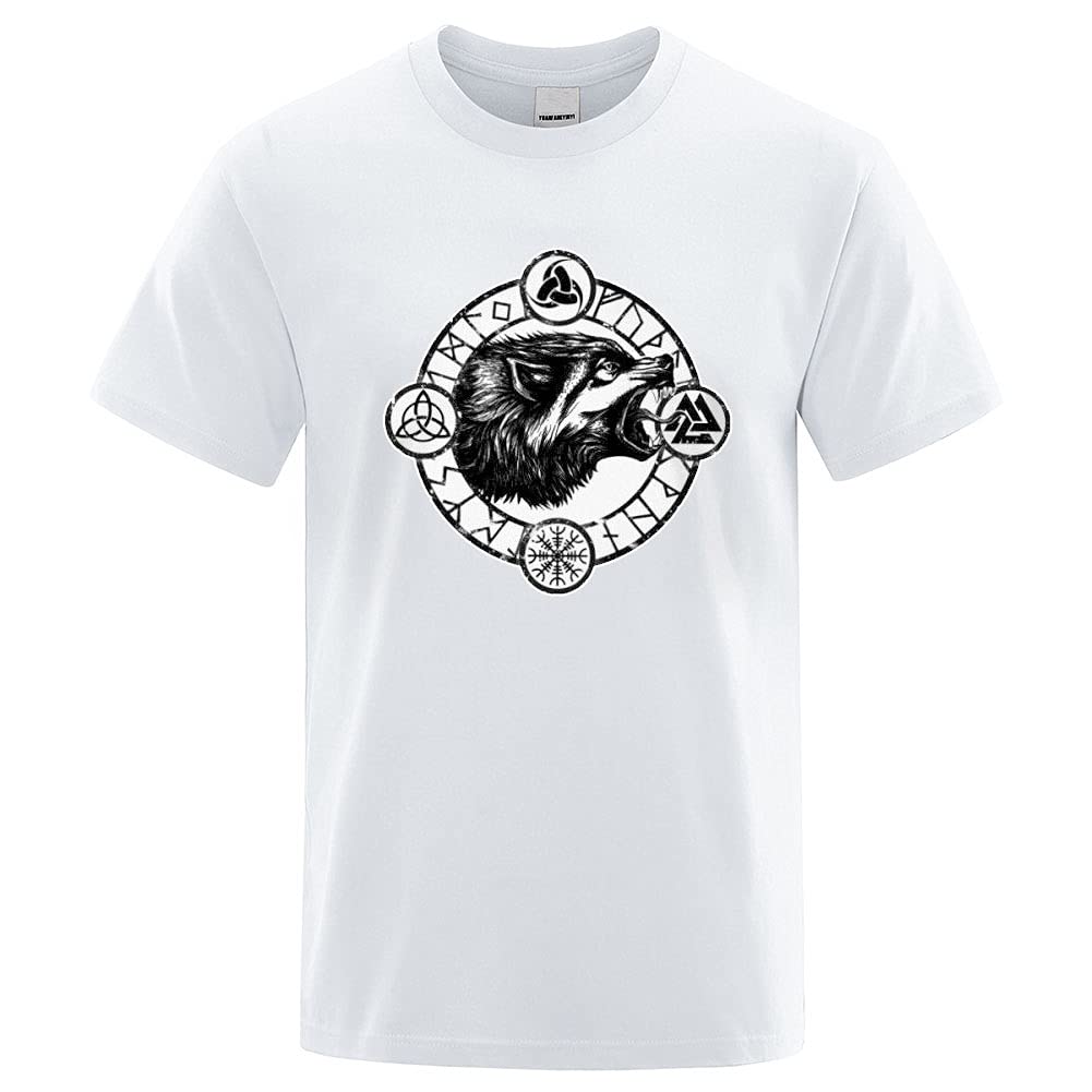 YOROOWMen's Norse Mythology Fenrir Wolf Tattoo Short Sleeve, Viking Printed Cotton T-Shirt Summer Street Casual Color Tee Shirt