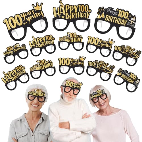 Sumind 24 Pcs 100th Birthday Glasses Gold Decoration Paper Eyeglasses Birthday Sunglasses to Wear for Men Women Party Decor