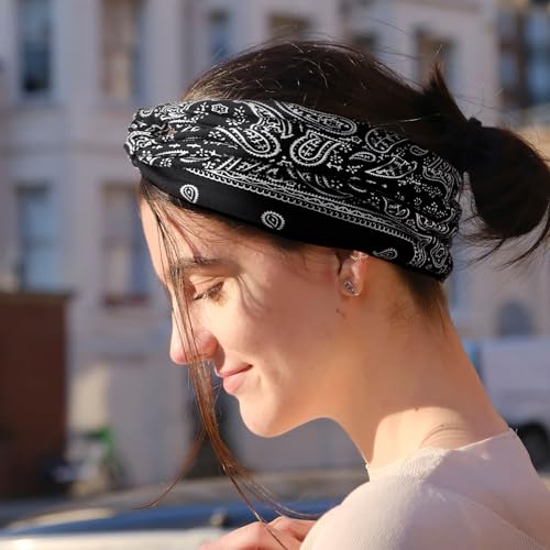 Image of DRESHOW 6 Pack Boho Non-Slip Headbands for Women Girls Yoga Workout Running Knotted Turban Floral Printed Elastic Head Wrap