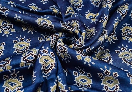 Image of Ethnics of Kutch Womens's Ajrakh Modal Silk Natural Dye Hand Block Print Unstitched Kurta Fabric