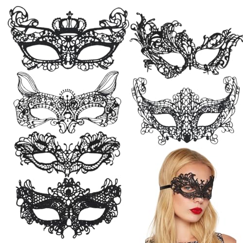 6 Stück Achwarze Spitzenmaske Damenmasken Sexy Spitzenmaske mit elastischen Bändern Halloween-Kostüm