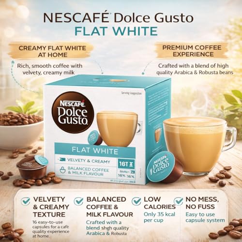 Image of NESCAFE Dolce Gusto Flat White Coffee Capsules - 16 Pods (187.2g) - Smooth & Creamy Coffee with Milk, Arabica & Robusta Blend, Cafe-Style Flat White, Compatible with Dolce Gusto Machines, By Cougar - (IMPORTED-UK)