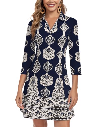 Image of WOWENY 3 /4 Sleeve Dress for Women with Pockets V Neck UPF 50+ Casual Sun Dress Breathable Quick Dry Beach Vacation