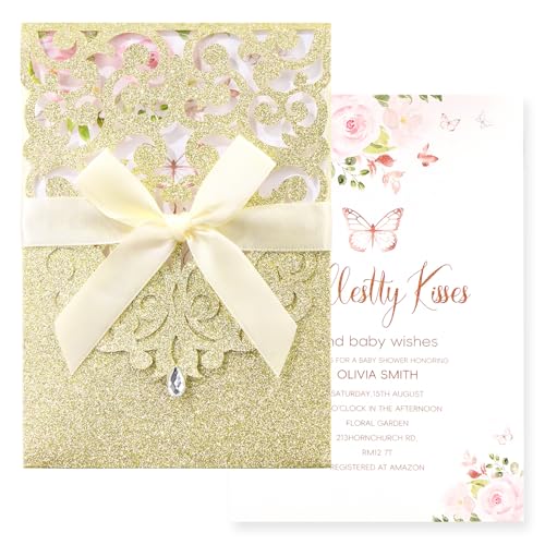 Maffily Gold Glitter Wedding Invitation 50PCS, Laser Cut Invitations with