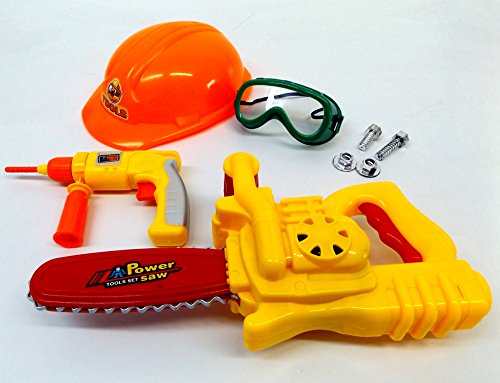 Preisvergleich Produktbild Brigamo 505 - Kinderwerkzeug Set mit funktionierender Kettensäge und Bohrhammer + Bauarbeiter Helm