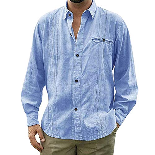 Camisa De Algodón Y Lino De Manga Larga De Color Sólido Botón Ropa Blusas Suelta Camisas De Trabajo Suave Cómodo Transpirable Camisa Casual para Hombre,Azul,M