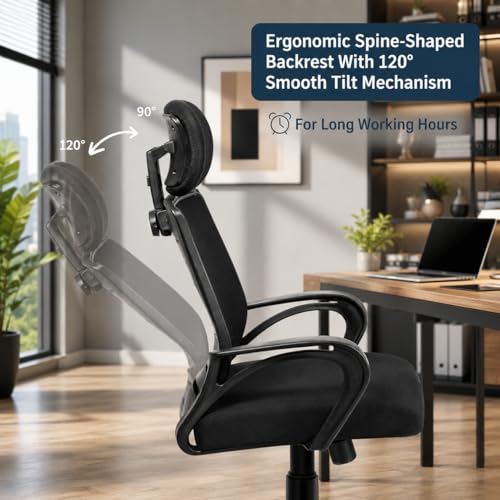 Image of HIGHLIVING Ergonomic Office Chair | Adjustable Headrest | 120 Tilt | Breathable Mesh Back | Moulded Foam Seat | Class 4 Gas Lift | Metal Base | High Back Computer Chair for Home & Office