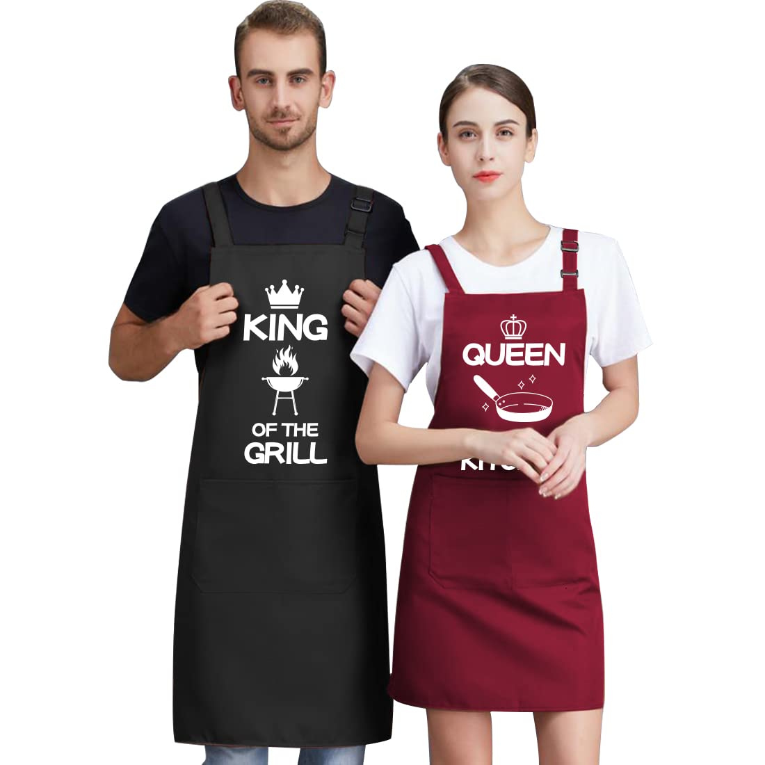 FUKPO 2 Piezas Delantal Cocina Hombre Mujer Pareja Algodón Rojo Negro, Ajustable Delantales de Cocina Impermeable Personalizado Divertido con 2 Bolsillos, Profesional Mandiles de Cocina Barbacoa Chef