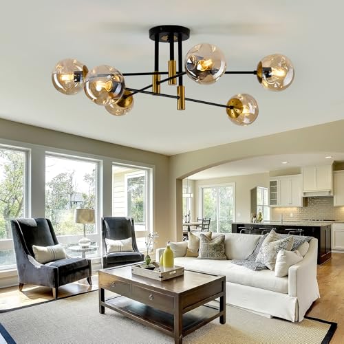 Image of 6-Lights Sputnik Ceiling Light Fixture Mid Century Modern Glass Globe Flush Mount Chandelier Black and Gold Farmhouse Lighting for Living Room Dining Room Bedroom Kitchen