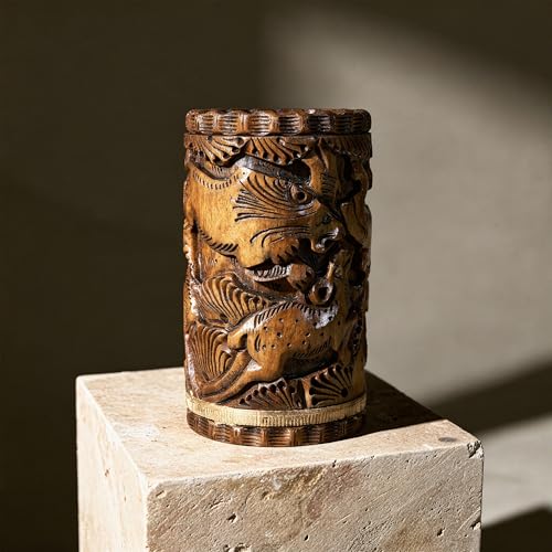 Image of Craft Trade 12x7 Cm Round Hand Carved Wooden Pencil Holder Animal Print - Dark Brown