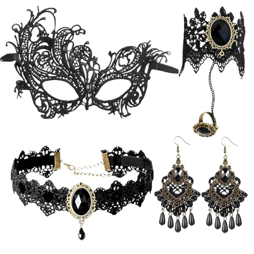AXERHK Vampir Kostüm Damen,Faschingskostüme Damen,4 Stück Schwarz Spitze Maske Halskette Armband Paar Ohrringe Gothic Kleidung Vampir Zubehör,für...