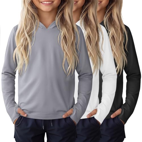 Image of 3 Pack Girls Sun Protection Swim Shirts UPF 50+ Long Sleeve Rash Guard Lightweight Quick Dry Hoodies with Thumbhole