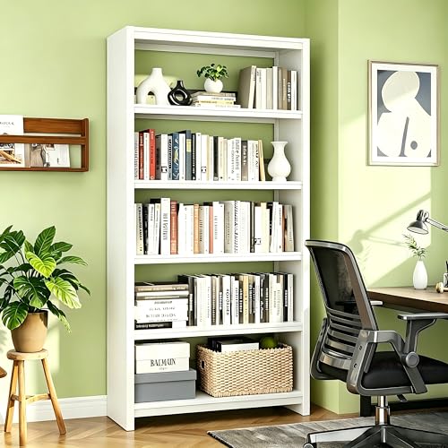 Image of 69 inch Tall Bookshelf, Industrial Bookcase, Easy Assembly, White | Heavy Duty Metal, 5 Tier Display Storage Shelves, For Home Office, Living Room, Study