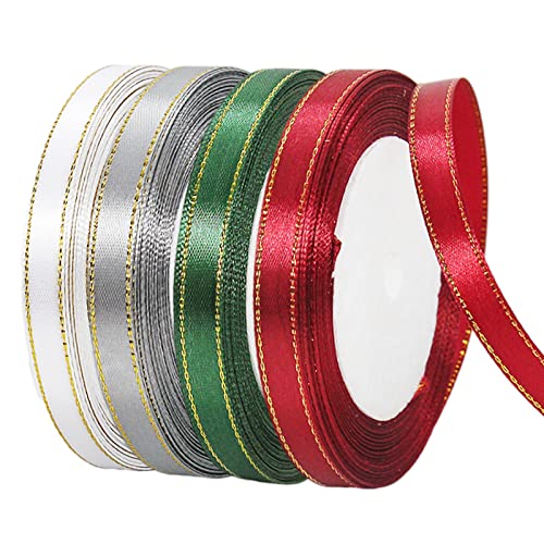 YAAVAAW 4 Rolls Burgundy Red,Dark Green,Grey,White Ribbon 10mm for Gift Wrapping 22M