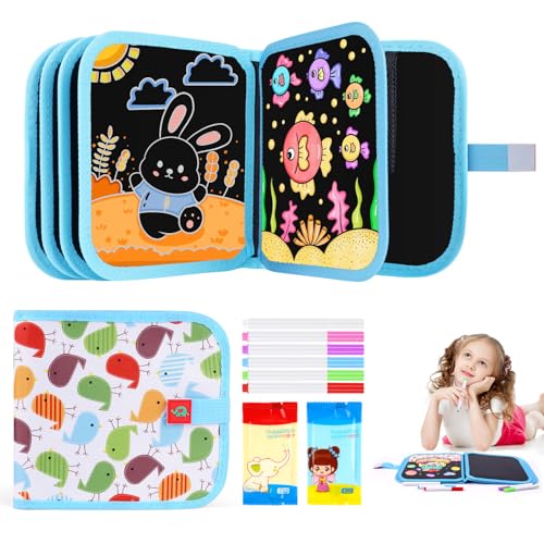 OSDUE Jogos de pintura para crianças, mesa de desenho portátil para crianças reutilizável com 6 canetas apagáveis de cor, livros lisos de quadro para educação pré-escolar 2 3 4 5 6 anos, 10 Páginas