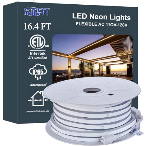LED Neon Rope Lights AC 120V 120LEDs/M Bright Strip Lighting ETL Cold-Resistant IP65 Waterproof led lights strip for Indoor Outdoor 8x16mm Warm White 16.4Ft Smooth Continuous Color and not heat up