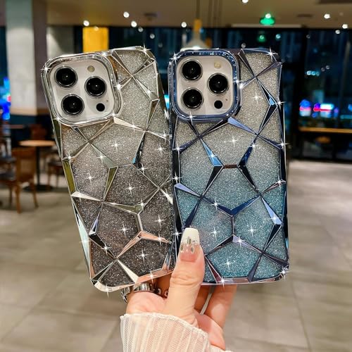 Image of VONZEE Compatible with iPhone 15 Pro Gradient Glitter Case, Luxury Electroplated Geometric 3D Cube, Diamond Bling Shiny Soft TPU Clear Shockproof Case Women Girls Protective Phone Cover (Grey)