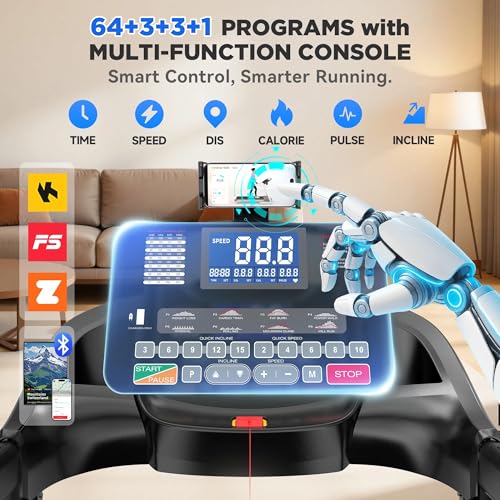 Image of 5.0HP Folding Treadmill for Home with 15 Auto Incline, Smart APP, 300lbs, HiFi Bluetooth Speakers, 64 Programs, 10MPH Speed, Foldable Electric Treadmill Running Machine, Knee Strap Gift