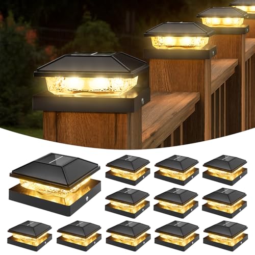 VOLISUN 4x4 Solar Fence - Post Cap Lights 12pack Outdoor Waterproof, Black Deck Post Cap Light with Warm White,for 4x4 Wooden/4x4 Vinyl