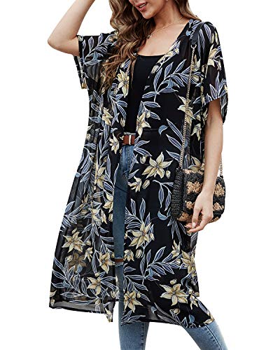 LAMISSCHE Womens Floral Swim Cover Up Casual Loose Beach Kimono Cardigan Tie Dye Tassel Bikini Chiffon Cover Up(Flower-Golden)