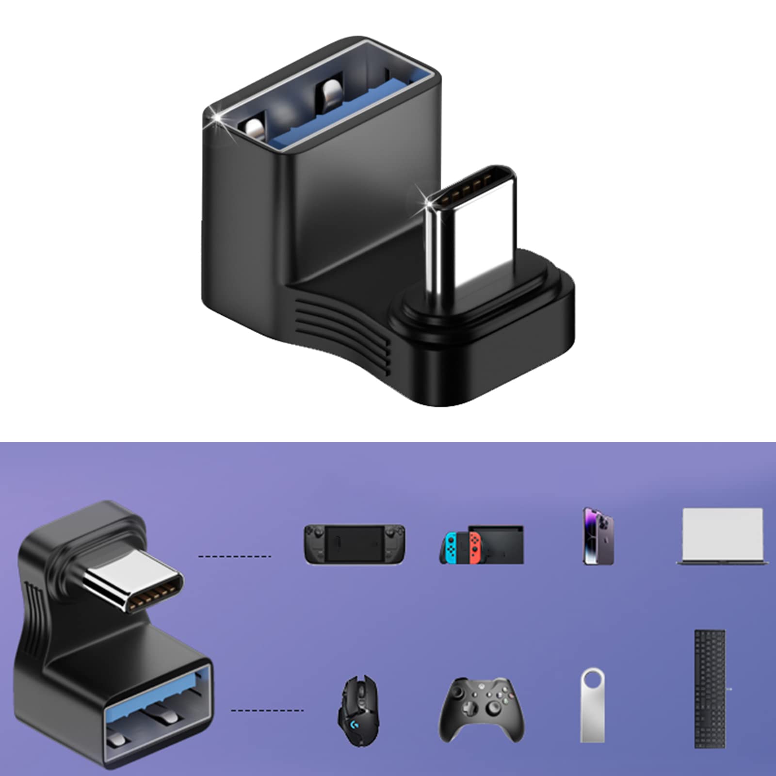 Nawwgy USB C 180° Adapter, USB Type Shape Adapter,180 Degree USB C Male to USB Female Adapter Convertor Extension Adapter