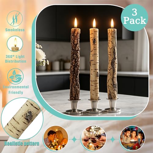Image of LED 9.84 inch Flameless Taper Candles with Birch Bark Effect Battery Operated Real Wax Flickering Candlesticks with Remote Control and Timer Rustic Primitive Lights Decor Vintage Candles, Pack of 3