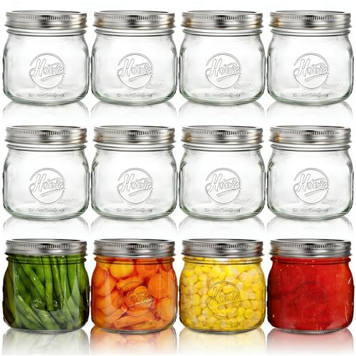Tebery 12 Pack Wide Mouth Home Glass Mason Jars with Airtight Lids and Bands, 16Oz Canning Glass Jars for Canning, Fermenting, Pickling, Decor