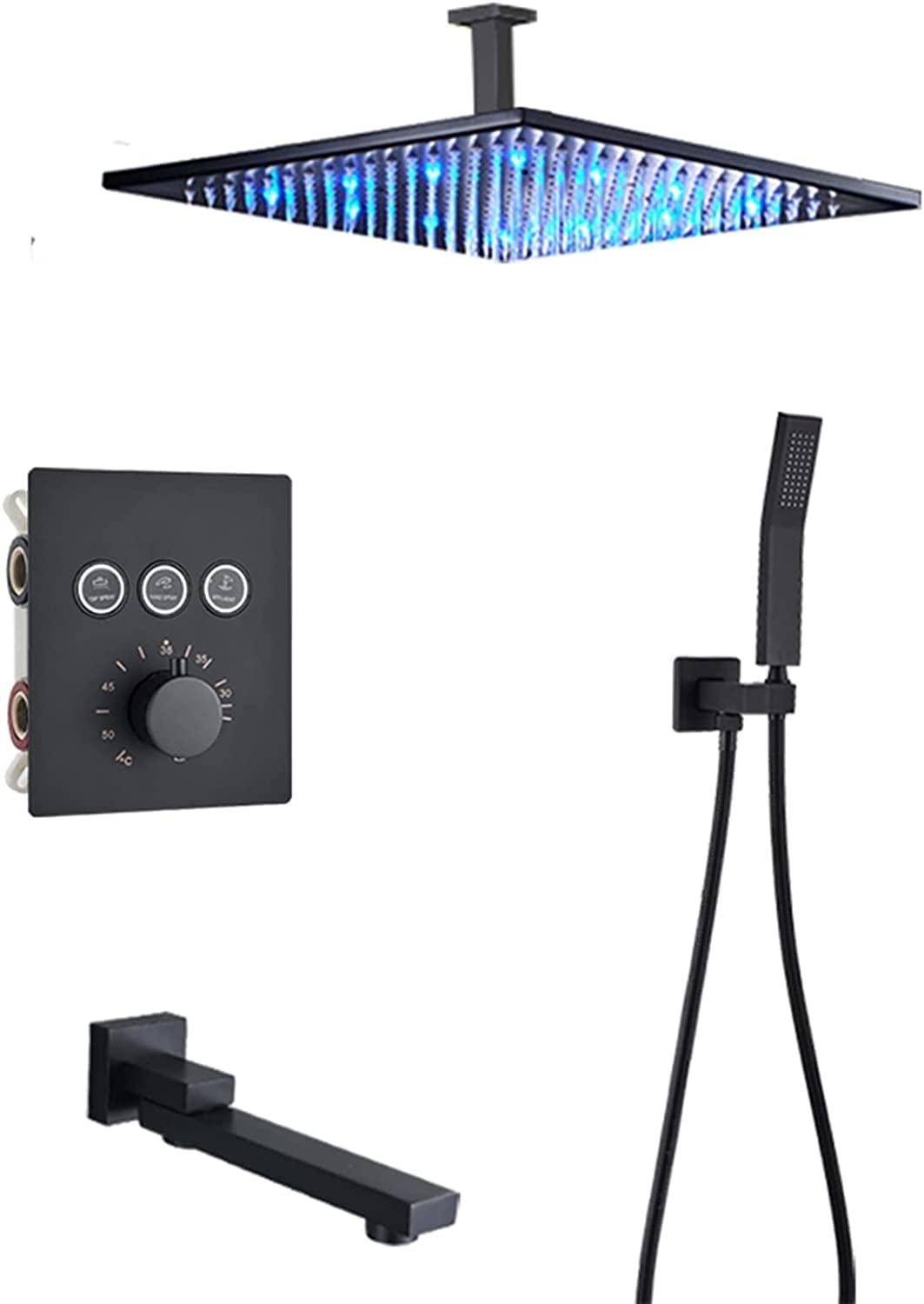 NGDFGR Concealed Shower Thermostatic Shower Faucet Set Matte Black Anti Scald Shower Set With Hand Shower And Led Rainfall Shower Head Advanced Air Injection Tenology Ceiling Mo,size_name-16 Inch