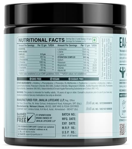 Image of Sparkfusion 8500 mg Eaa+ & 6000mg Bcaa (300 gm) Essential Amino Acids | Pre /Intra Workout and Muscle Growth & Recovery | All 9 Essential Amino Acid EAA Powder (Smash Apple)