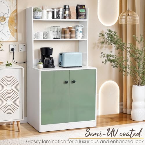 Image of ABOUT SPACE 5 Tier Kitchen Organizer Rack - 5.5 ft Wooden Kitchen Cabinet with 3 Open Shelves & 2 Storage Rack with Door Easy to Assemble for Home Living Room (White, Green - L 80 x B 40.5 x H 163 cm)