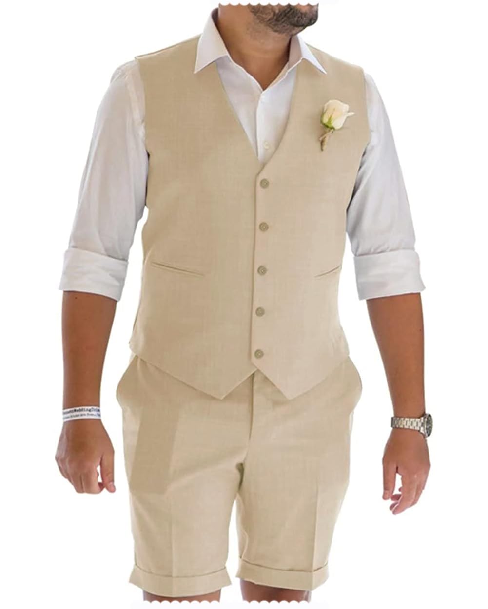 Men's Linen Suit 2 Pieces Prom Tuxedos Summer Beach Wedding Party Vest Short Pants（Champagne,XXL）