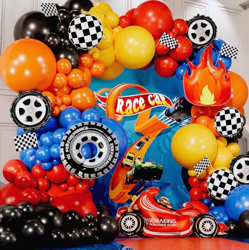 ALL-IN-1 Race Car Balloon Arch Kit with BONUS Flame & Race Car for Wheels Theme Birthday Decorations - Monster Truck Balloons for Wheels Party Decorations - Hot Balloons Monster Truck Party