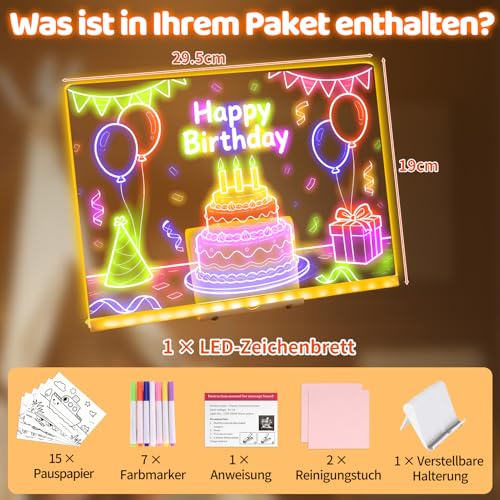 LED Zeichenbrett, Led Maltafel Kinder mit 15 doppelseitiges Pauspapier (30 Skizzen), 7 Farbmarker, Verstellbare Halterung, Notiztafel mit Farben, Notiztafel Kreatives Geschenk Spielzeug für Kinder