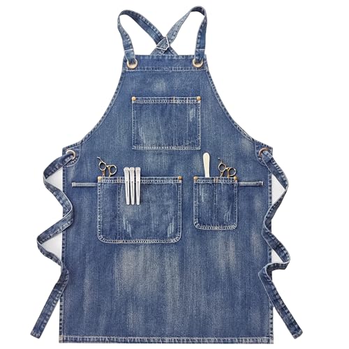 Lista de Mezclilla Azul Top 5. 40 miiinaps - Delantal de mezclilla con bolsillos para mujer, delantal de mezclilla para estilista, delantales de trabajo de mezclilla, Azul denim, Large