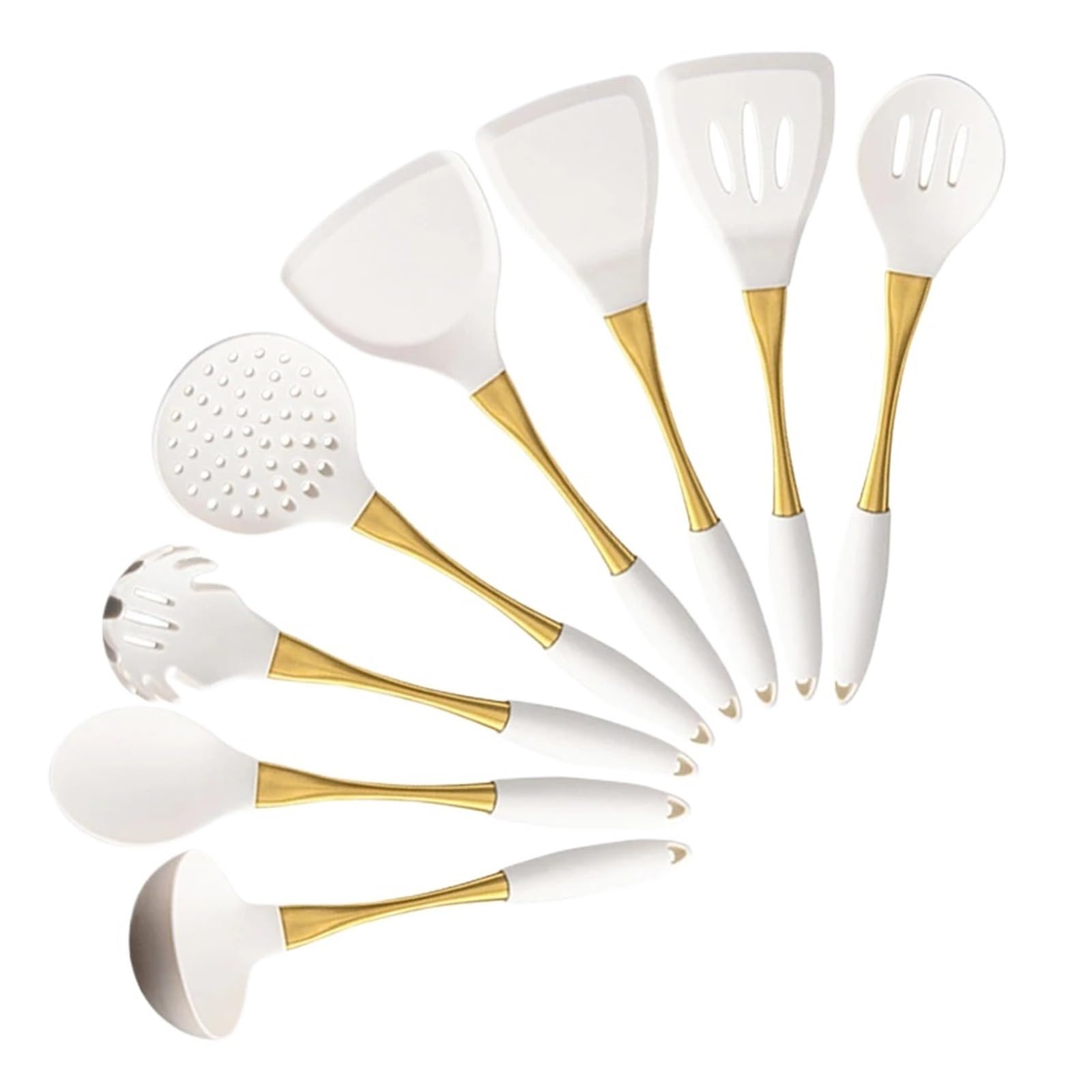 Générique Lot de 8 ustensiles Cuisine en Silicone Blanc doré, spatule, tourneur, passoire à pâtes résistante la Chaleur, Pelle, Accessoires