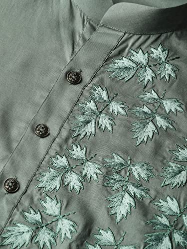 Image of See Designs Olive Cotton Regular Fit Embroidered Kurta