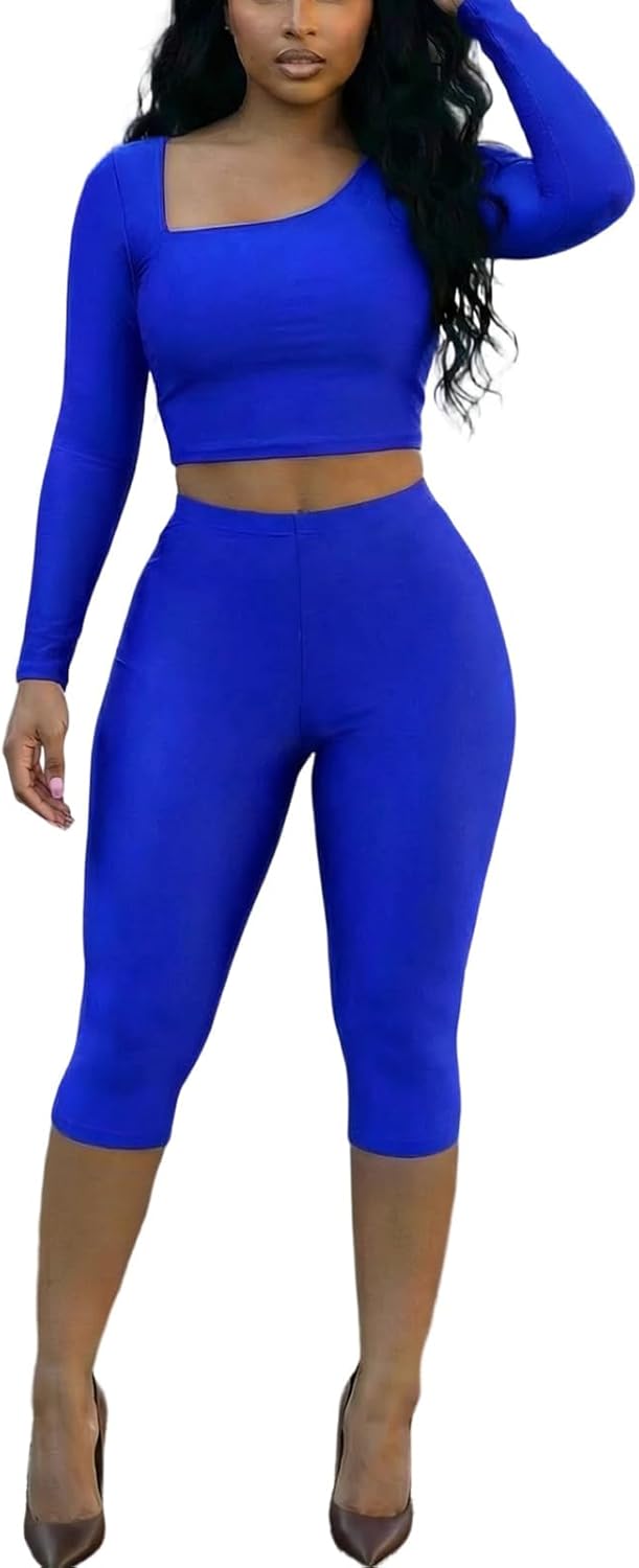 Adogirl 2 Piece Sets for Women Sexy Long Sleeve Crop Tops Bodycon Legging Capri Pants Outfits Y2K Going Out Jumpsuits