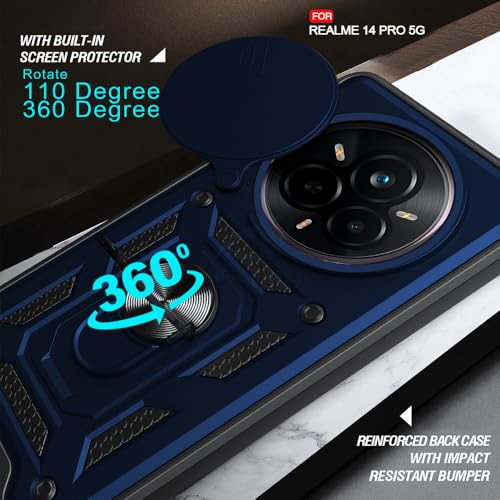 Image of AESTMO Tough Armor Realme 14 Pro 5G Bumper Back Case Cover | Ring Holder & Sliding Camera Cover | 360 Degree Protection Back Case Cover for Realme 14 Pro 5G (Blue)